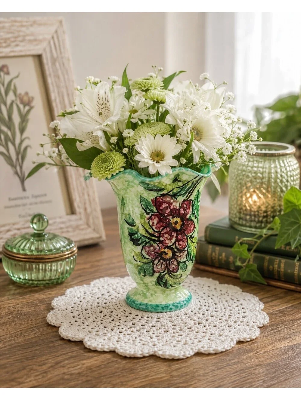Vintage Hand-Painted Italian Floral Vase – Green Art Pottery Pedestal Vase